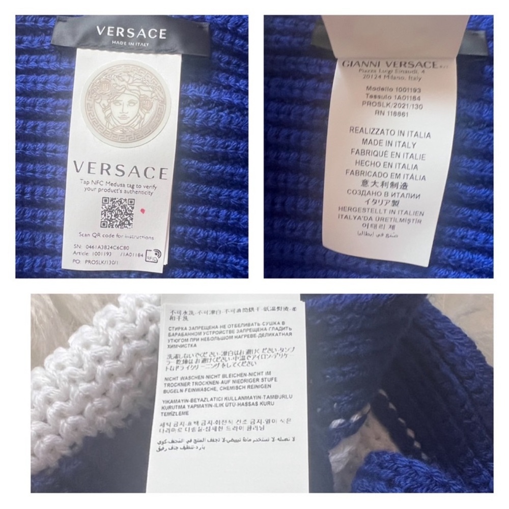 New! VERSACE Logo Intarsia Knit Fringe Oversized Unisex Wool Scarf in Royal Blue - Picture 15 of 15